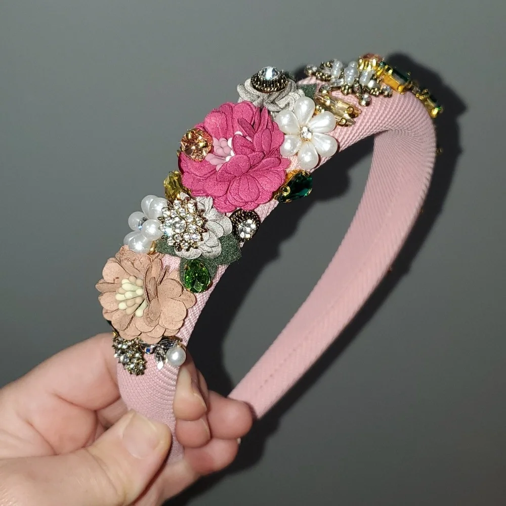New handmade boutique luxury rhinestone floral fancy mid-wide flexible headband - Picture 2 of 8